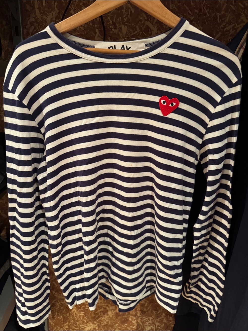 Comme des Garcons PLAY Navy and White Striped Long-Sleeve Tee with Red Heart